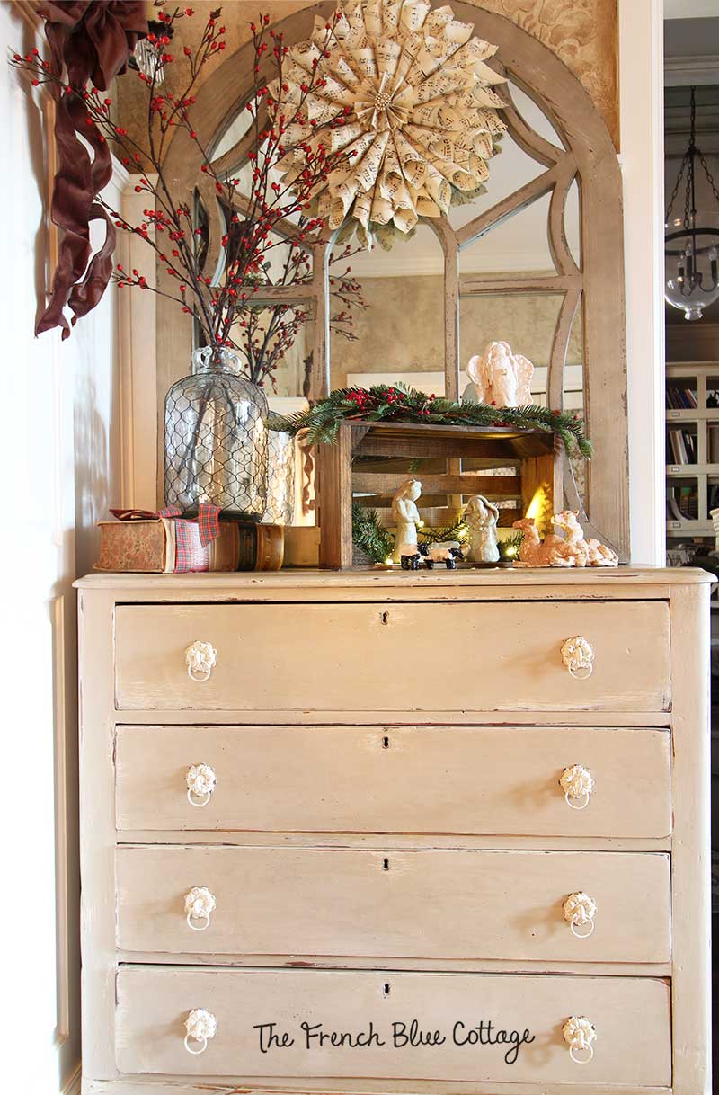 Antique dresser in the entry for Christmas.