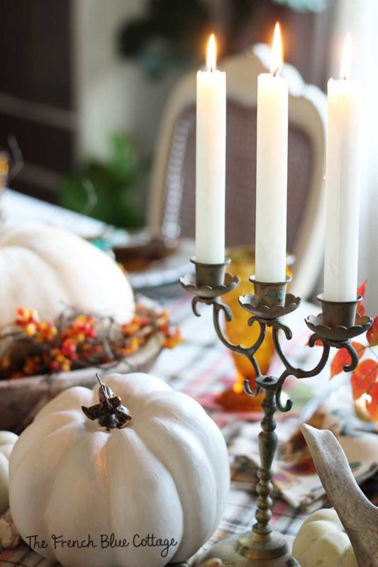 Antique candelabra on a fall tablescape.