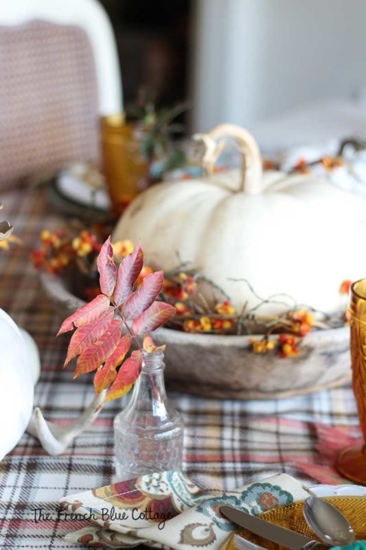 Fall tablescape wth bittersweet, pumpkins, and amber glassware.