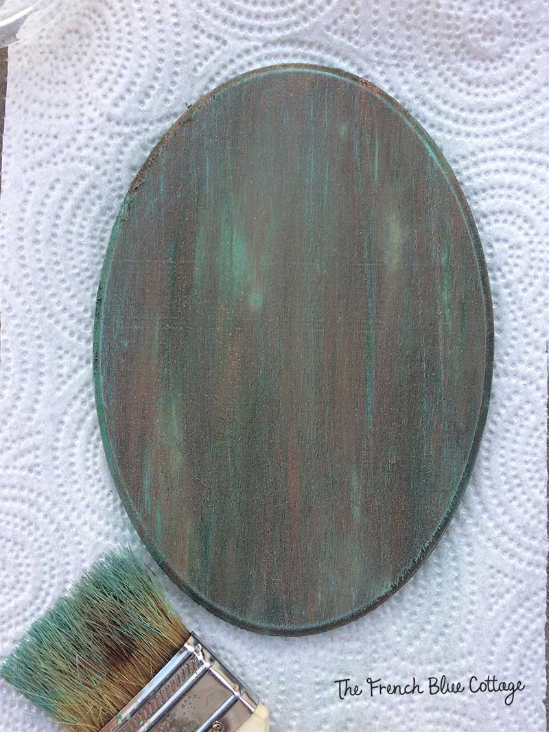 Verdigris paint finish with turquoise dry brush.