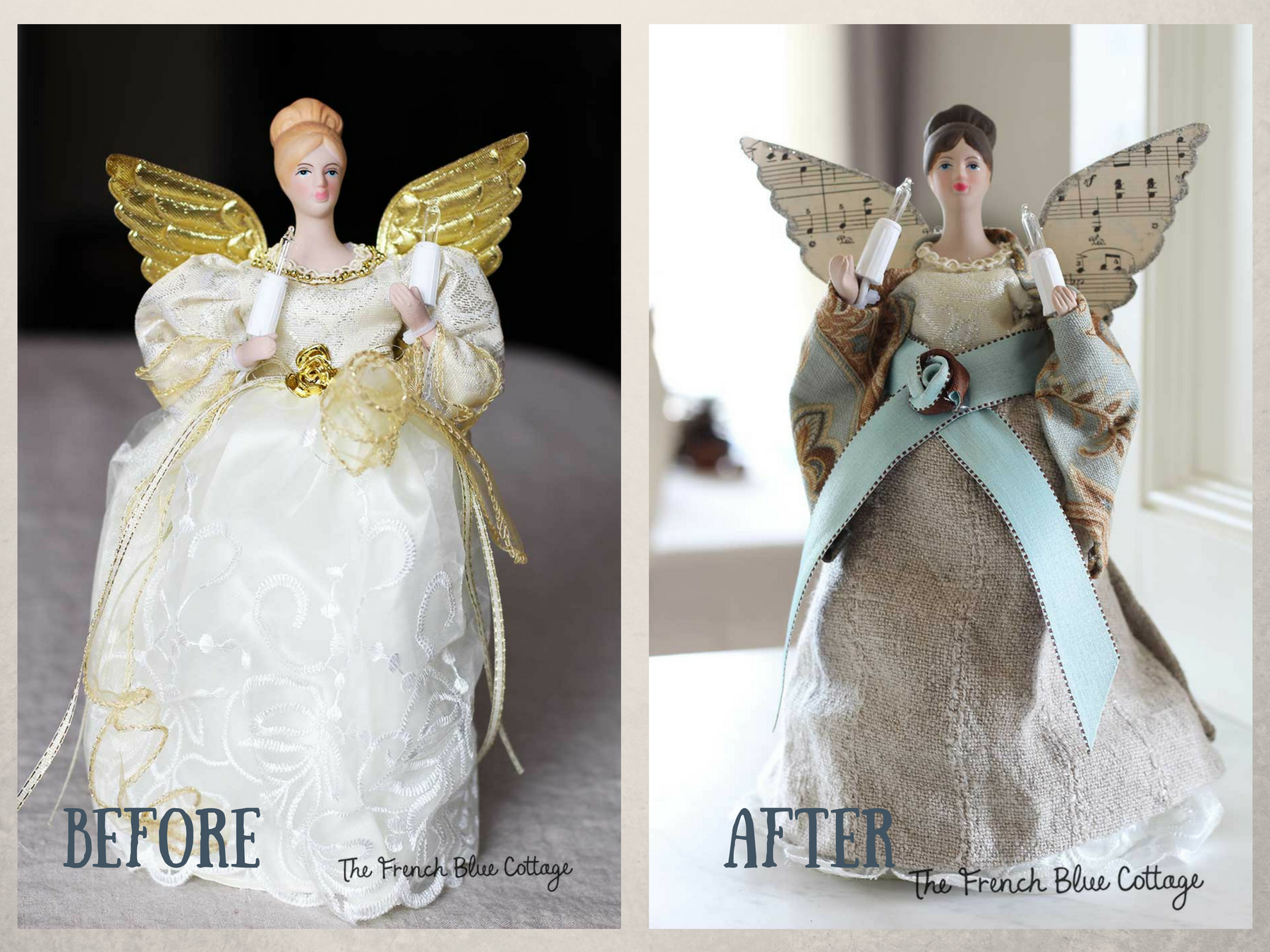 Christmas tree angel topper before and after.