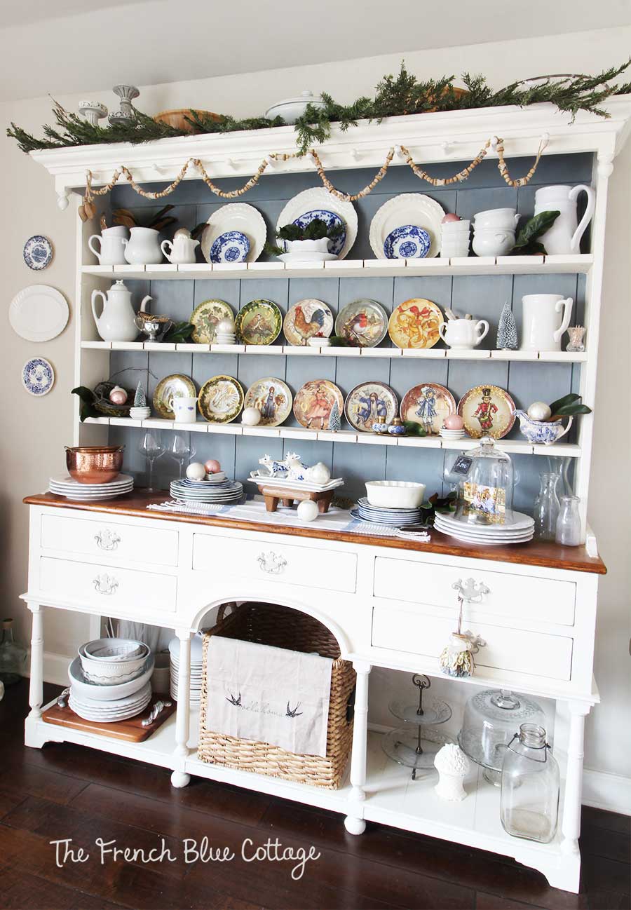 Christmas china cabinet Welsh cupboard in blue and white.