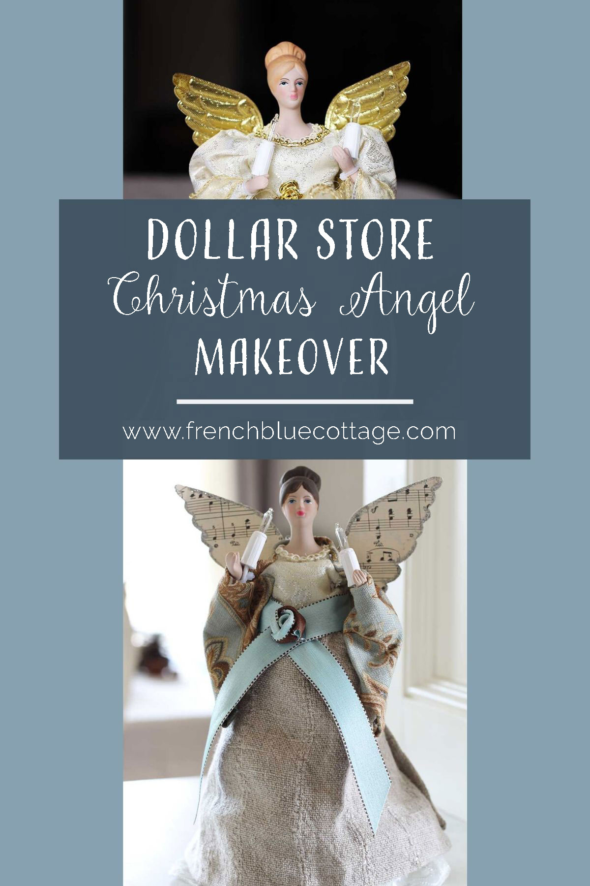 an inexpensive Christmas tree angel gets a makeover with linen fabric and sheet music wings