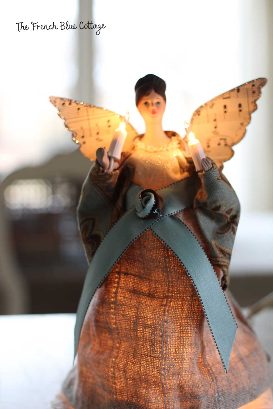 Linen Christmas tree angel with lights.