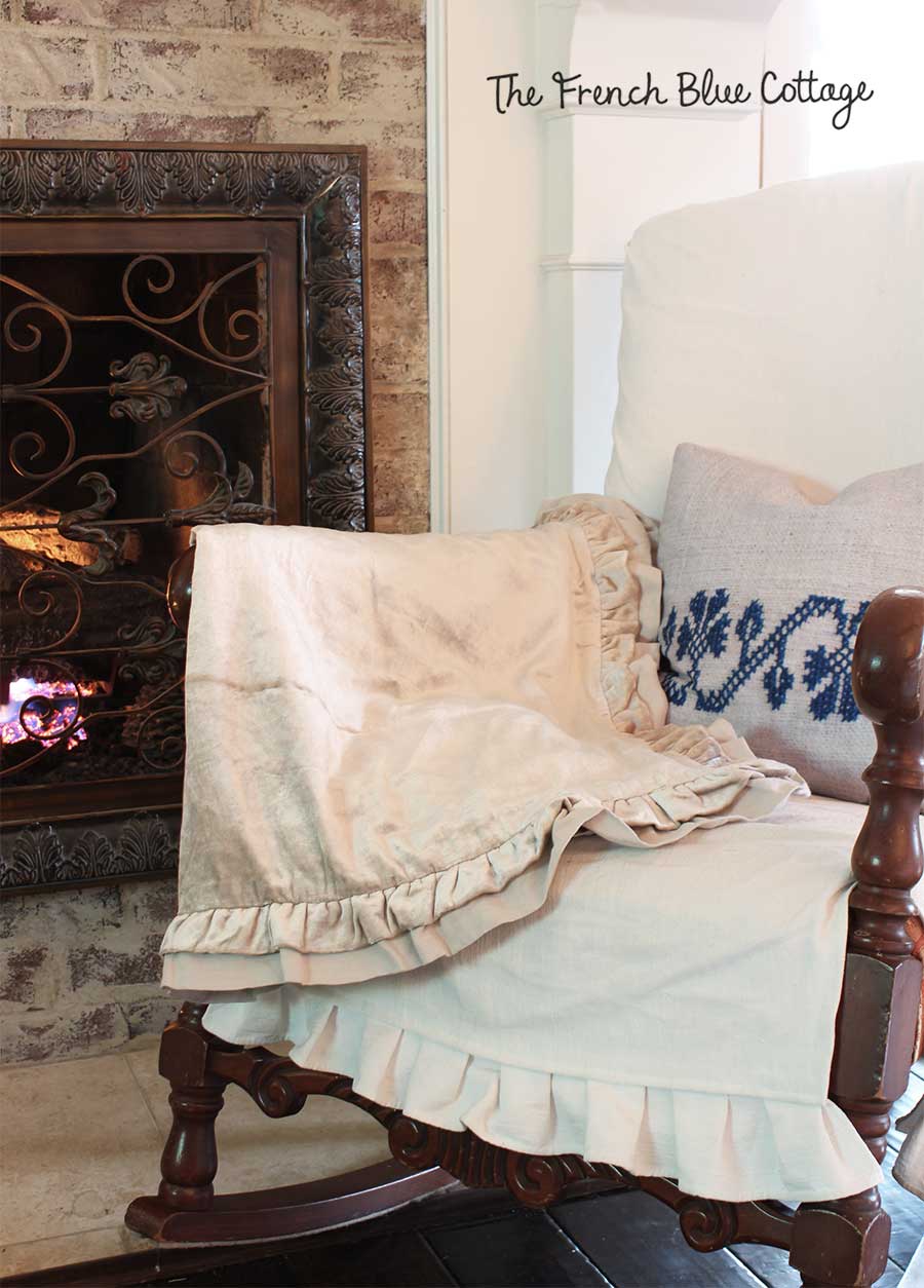 Linen velvet blanket on rocking chair.