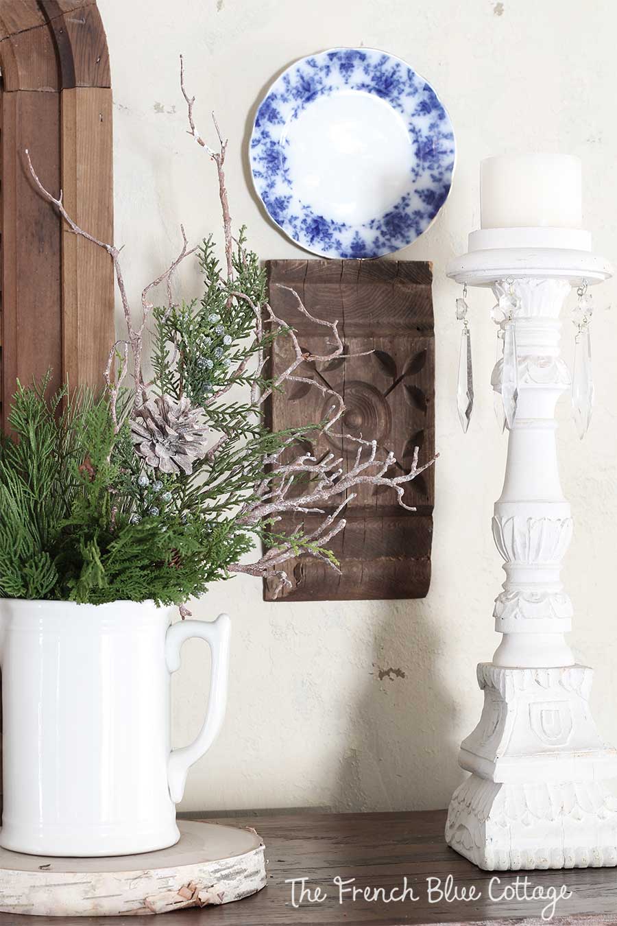 Winter vignette with birch slice and ironstone pitcher.