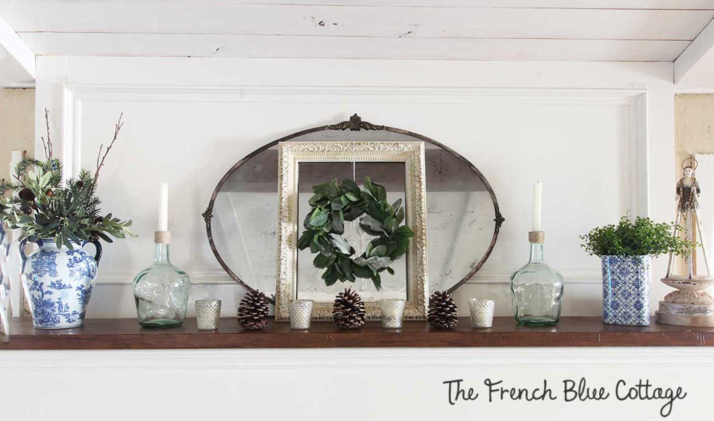 Winter mantel in blue green and white.