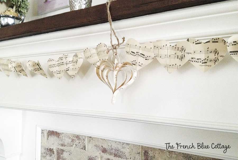 heart sheet music garland on mantel