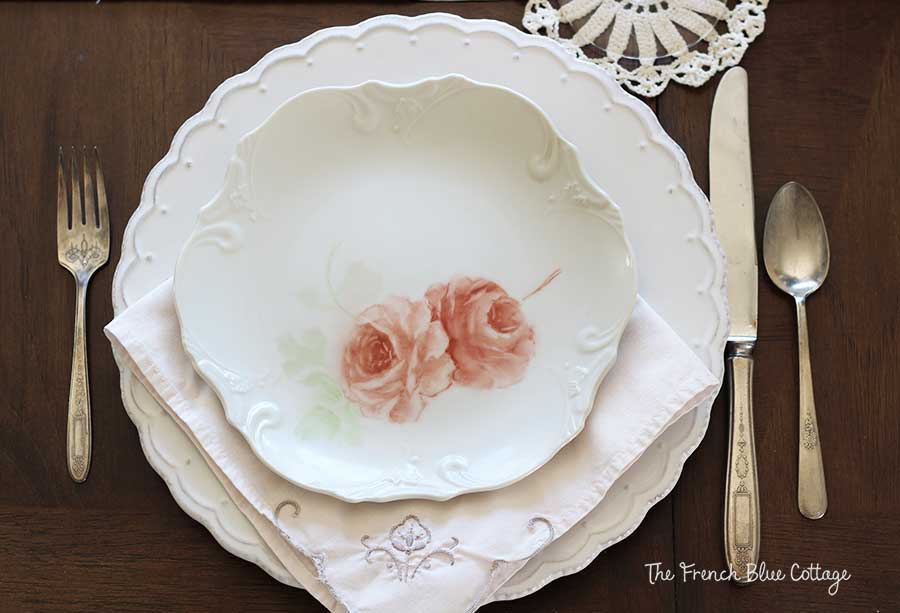 Valentine mismatched china with pink rose plate.
