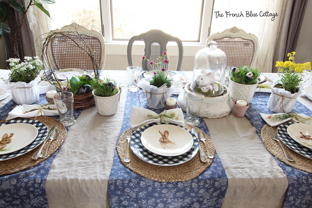 Bunny and gingham tablescape for Easter.
