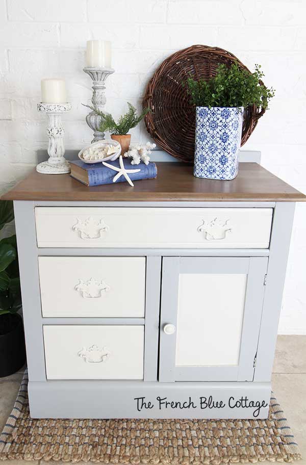 A vintage washstand with a two toned coastal finish.