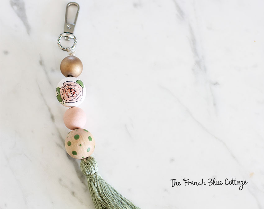 Hand painted wood beads for DIY floral wood bead keychain or purse clip.