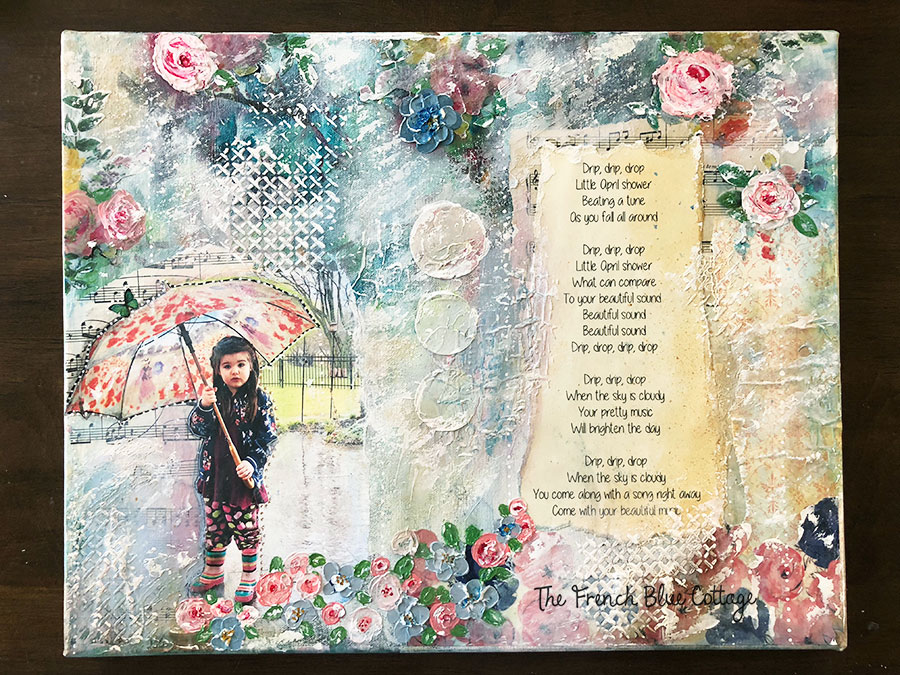 A mixed media collage of a little girl in the rain.