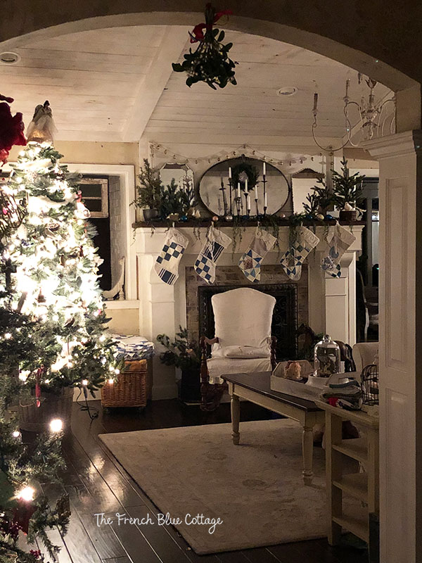 A French country Christmas living room.