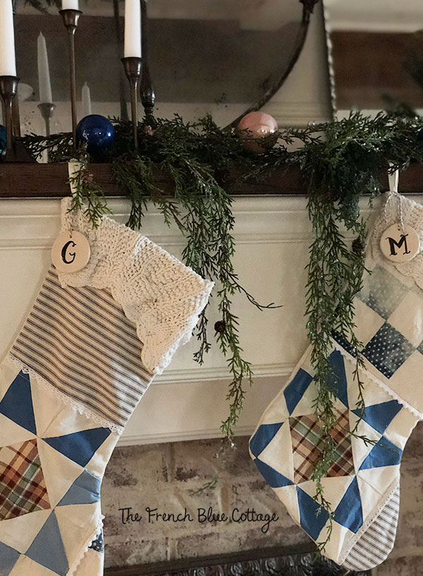 Handmade stockings from quilts and sweaters.