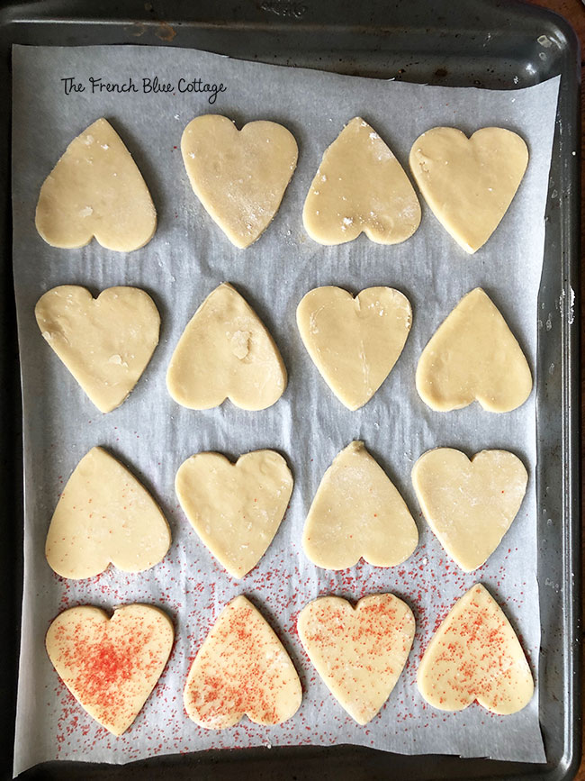 pan of heart shaped Valentine's day sugar cookies