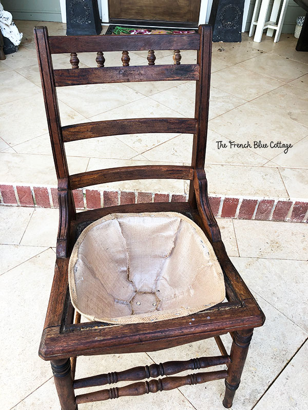 old chair with burlap liner