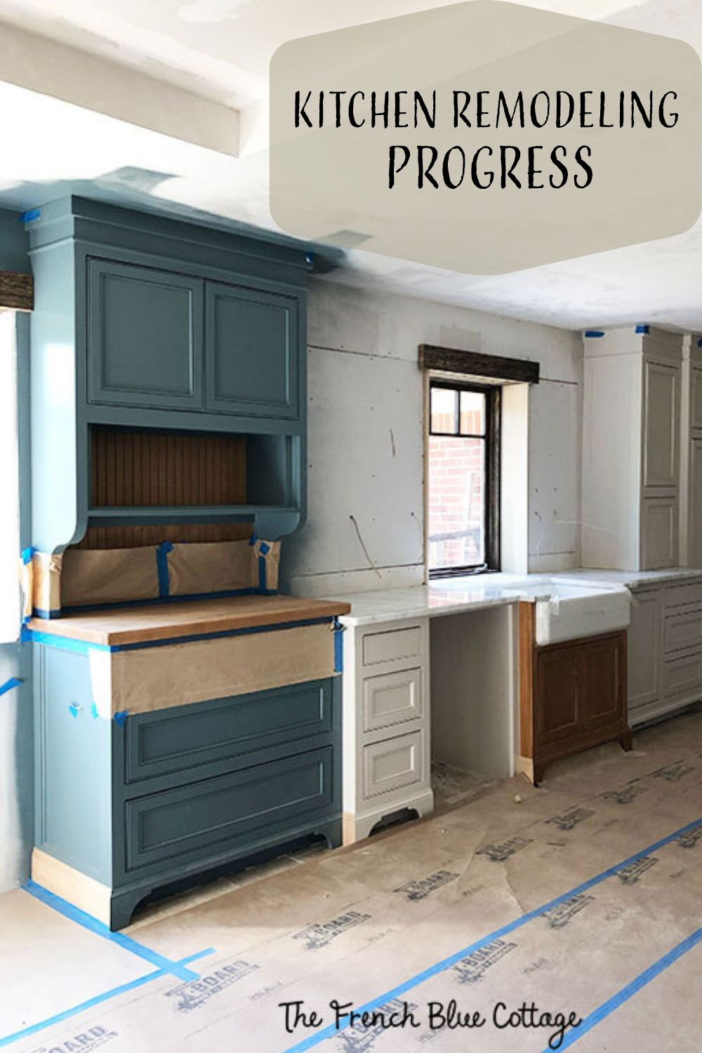 kitchen remodel progress blue and white painted cabinets