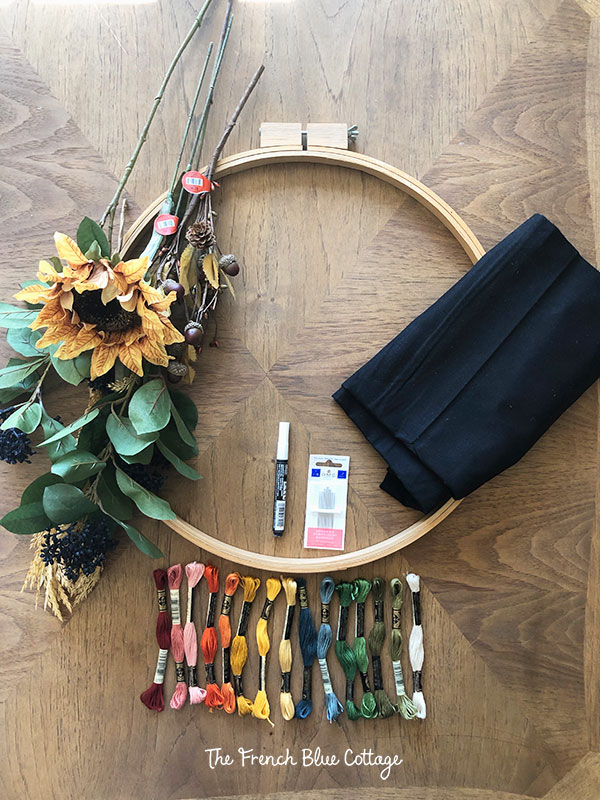 supplies to make embroidery hoop fall wreath