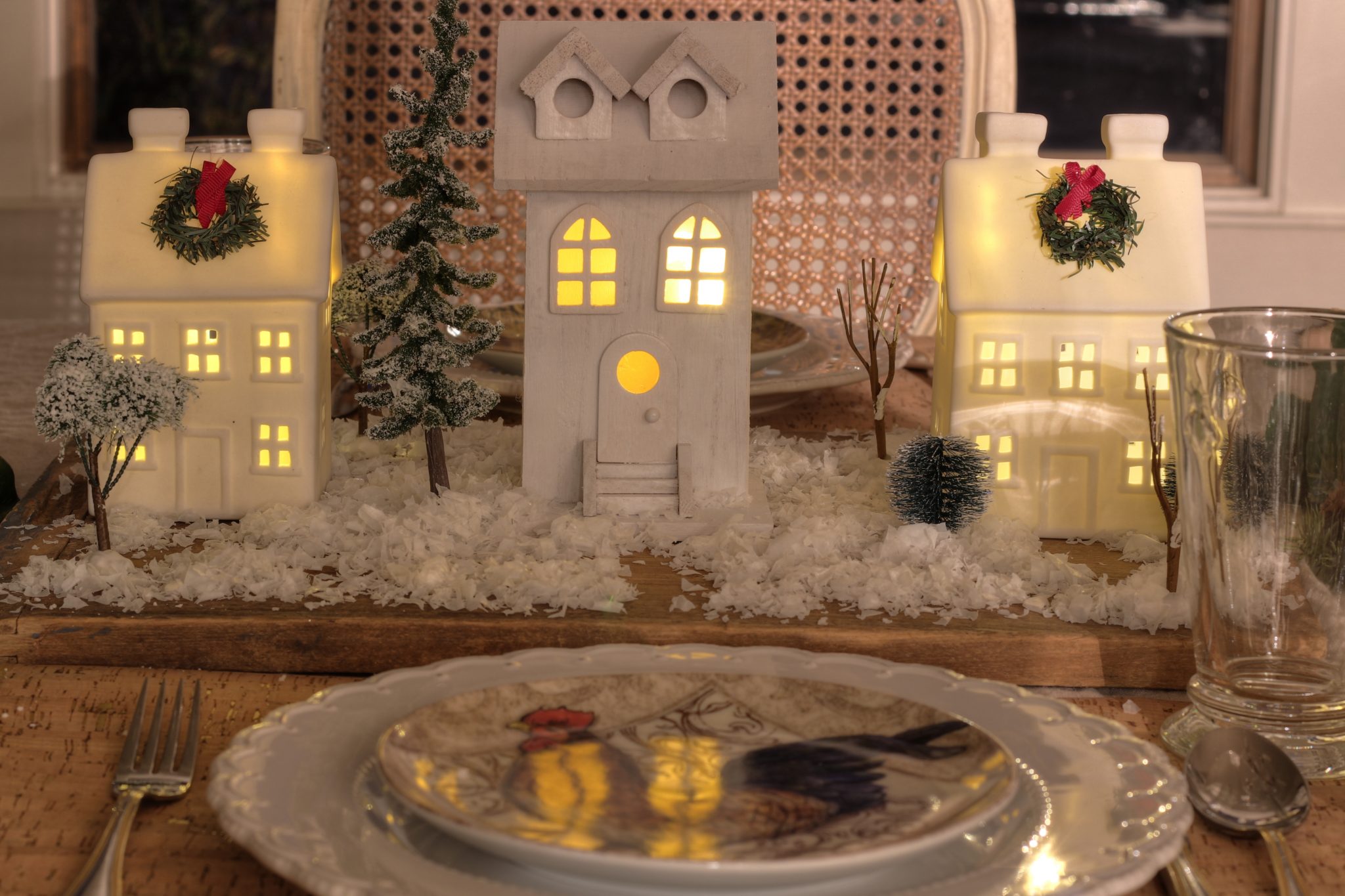 Christmas Dining Table Decor with a Village Centerpiece • French Blue