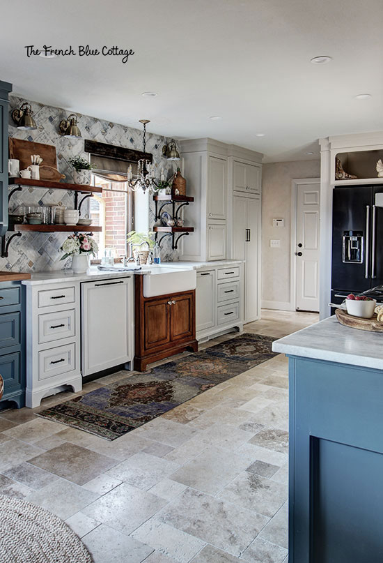 french country inspired kitchen in blue and white