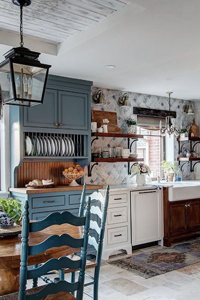 open shelves in a french country inspired kitchen