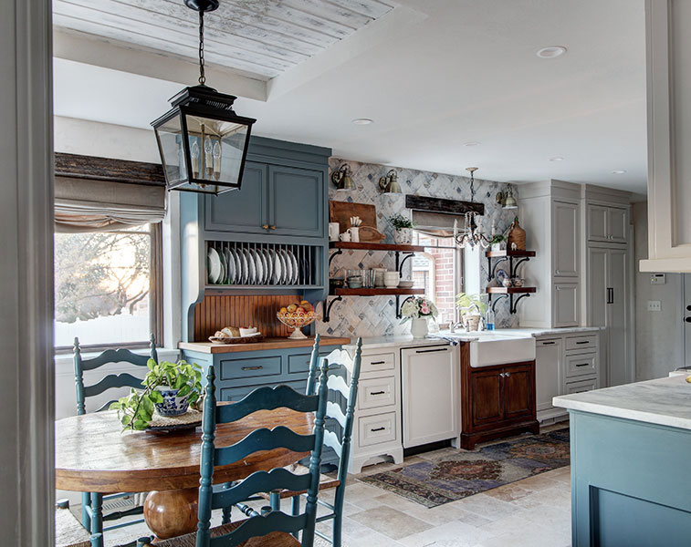 open shelves in a french country inspired kitchen