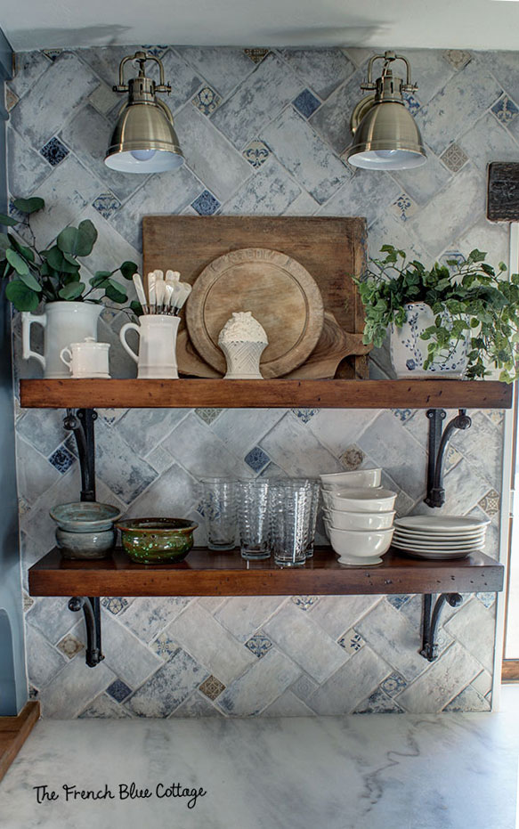 french country kitchen open shelves
