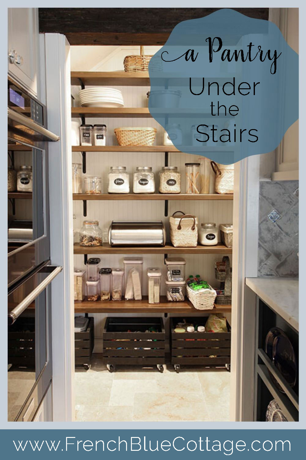 pantry with open shelves built under the stairs