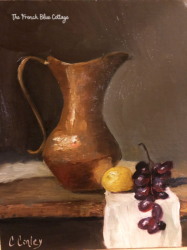 still life oil painting with copper pitcher, lemon, and grapes