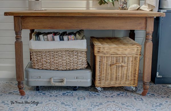 creative craft room storage with a vintage suitcase on casters