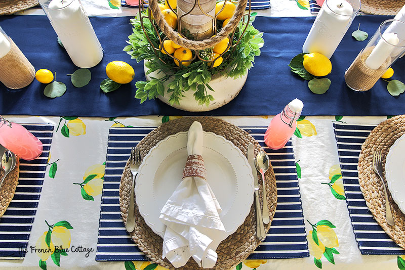 navy and white stripe placemat on lemon Tablescape 